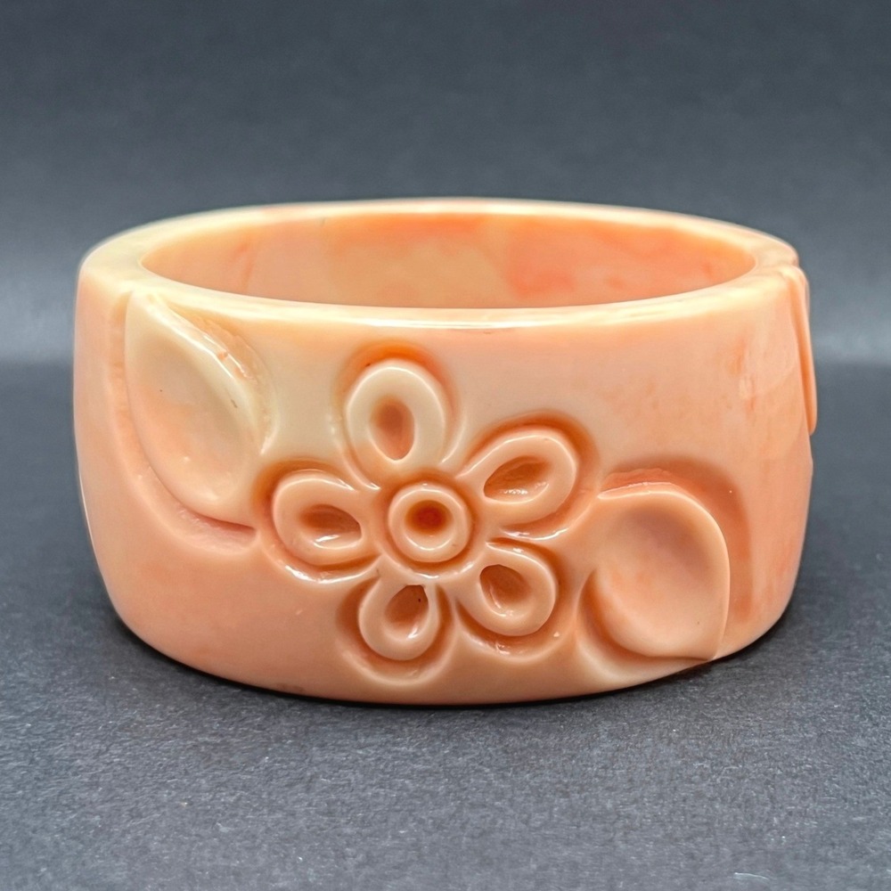 Vintage Bangle Bracelet Peach Cream Pink Floral Chunky Carved